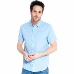 French Denim Chemise manche courte en lin unie bleu Chemises